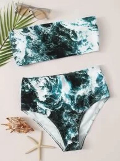 Sea Wave Print Bandeau Bikini Swimsuit | SHEIN USA