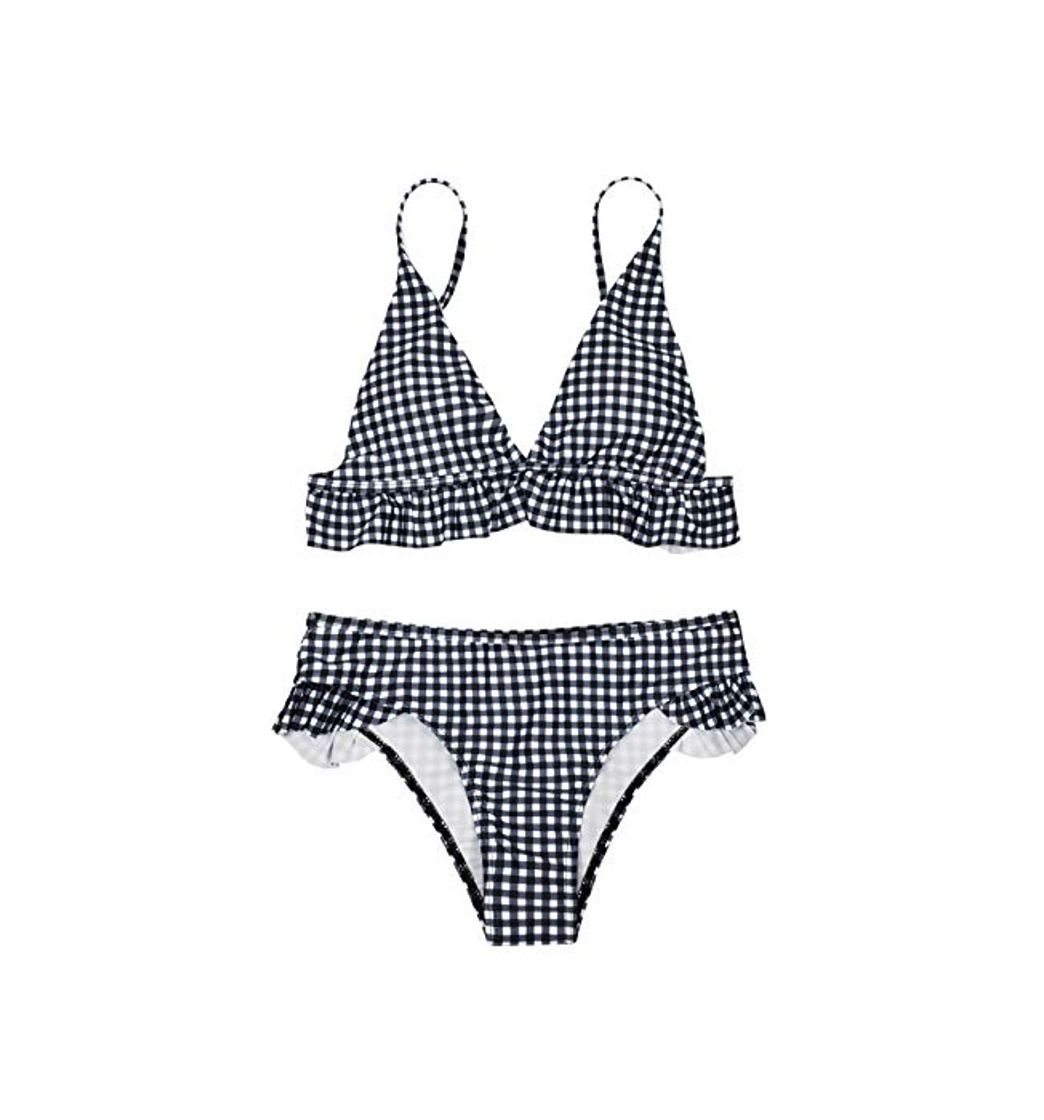 Social heekpek Bikini a Cuadros Top Triángulo Relleno Braga con Volantes para Mujer