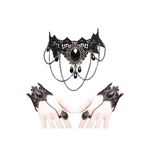 Jurxy Conjunto de Collar de Gargantilla de Encaje con Pulsera Punk Fiesta Gótico Hecho a Mano Vampiro Victoriano Esclavo Retro Lolita Colgante Collar Pulsera Pulsera para Mujeres Negras Estilo 4