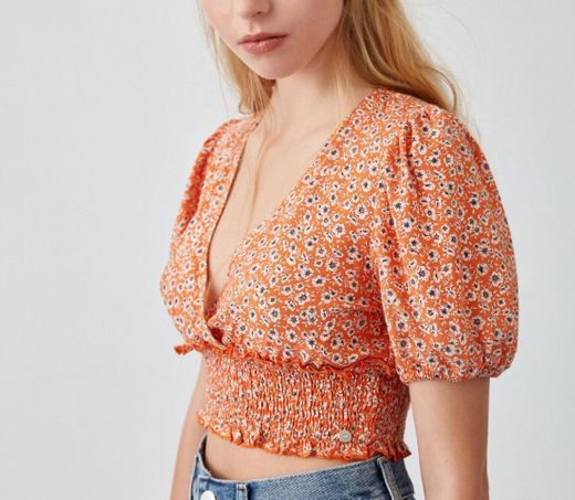 Camisa laranja com estampado floral PULL&BEAR 