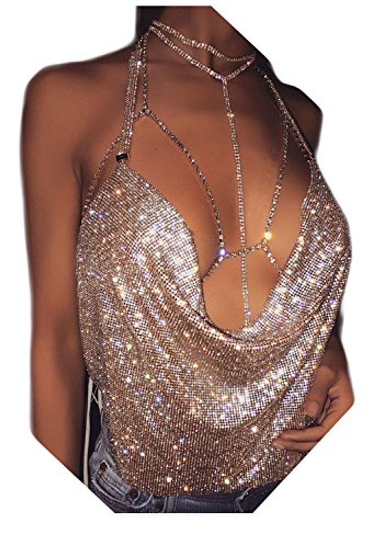 Producto Zamtapary Backless Halter Metalico Brillante Mujeres Camisole Deep V Neck Tank Crop Top Rosegolden One Size