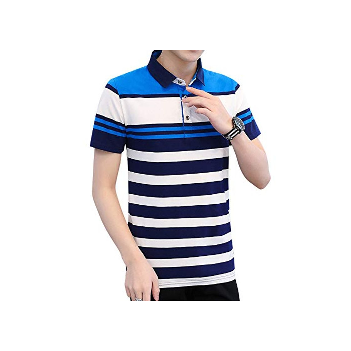 Fashion Polo De Manga Corta，Camiseta De Polo Transpirable De Verano Con Cuello Inclinado Para Hombre Moda Casual Estiramiento De Todos Los Partidos Azul A Rayas Manga Corta Clásico Trabajo De Negocios Gol