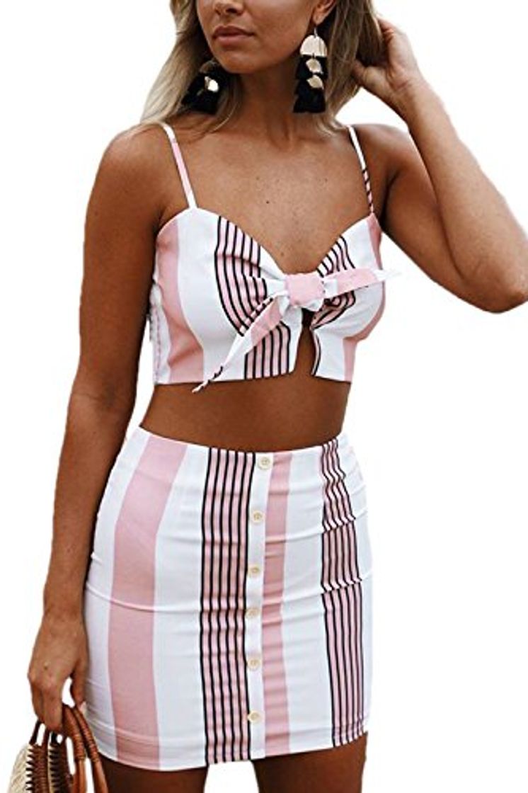 Productos Las Mujeres Verano 2 Piezas Trajes Espaguetis Correa De Stripe Crop Top Falda Set Pink S