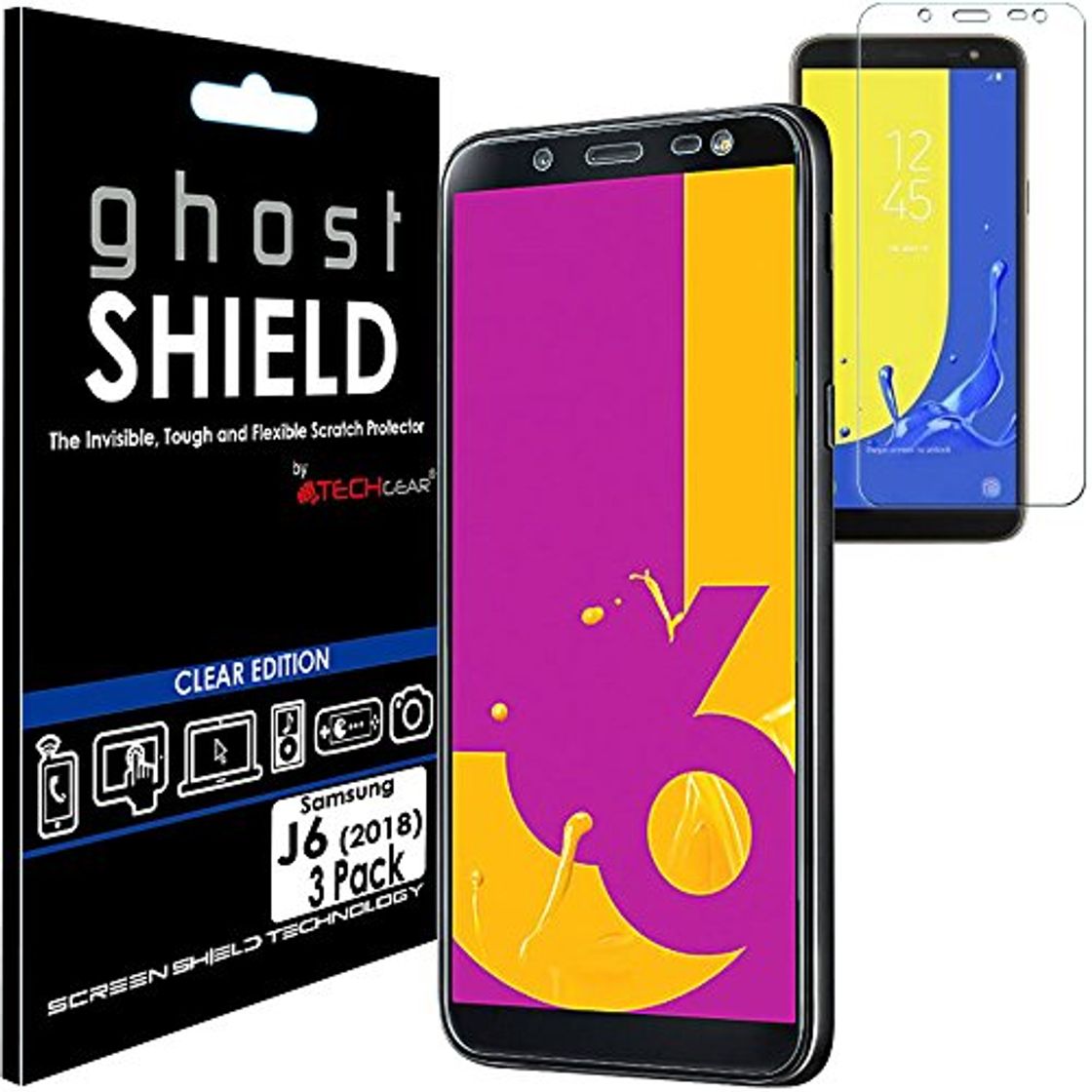 Productos TECHGEAR [3 Piezas Protector de Pantalla Compatible con Samsung Galaxy J6 2018 [ghostSHIELD] Reforzada Flexible TPU Protector de Pantalla con Cobertura de Pantalla Completa inclusiva Pantalla Curva