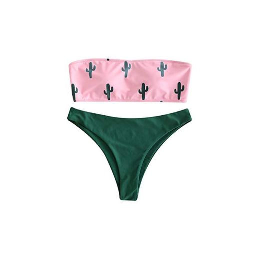 JERKKY Bikini de Dos Piezas Mujer Sexy Off Hombro impresión sin Tirantes Bandeau Cintura Baja Corte Alto Color sólido Traje de baño Ropa de Playa Rosa S #