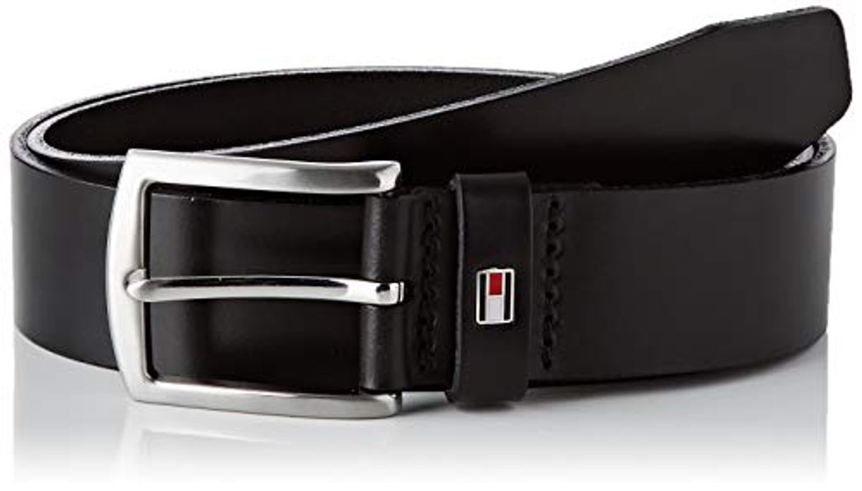 Product Tommy Hilfiger Denton C Cinturón con Hebilla Redondeada Plateada y Logo, Negro