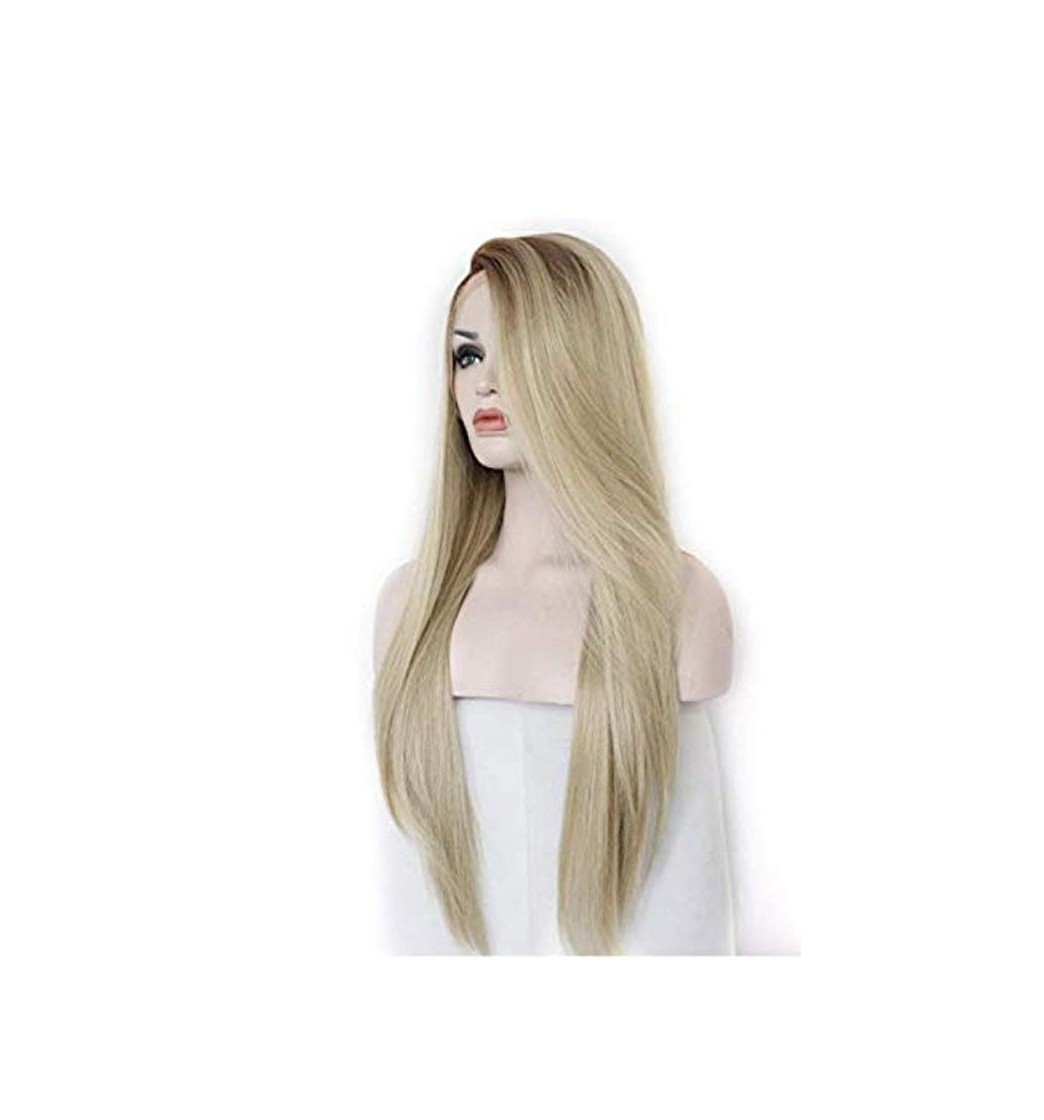 Product QLSGO Pelucas de cabello largo y liso Lady Gradiente de color marrón oscuro Dorado Separación media Peluca de encaje frontal，Vébonnie Moda Ombre Blonde Encaje Delantero Peluca para Mujer Oscuro Ri