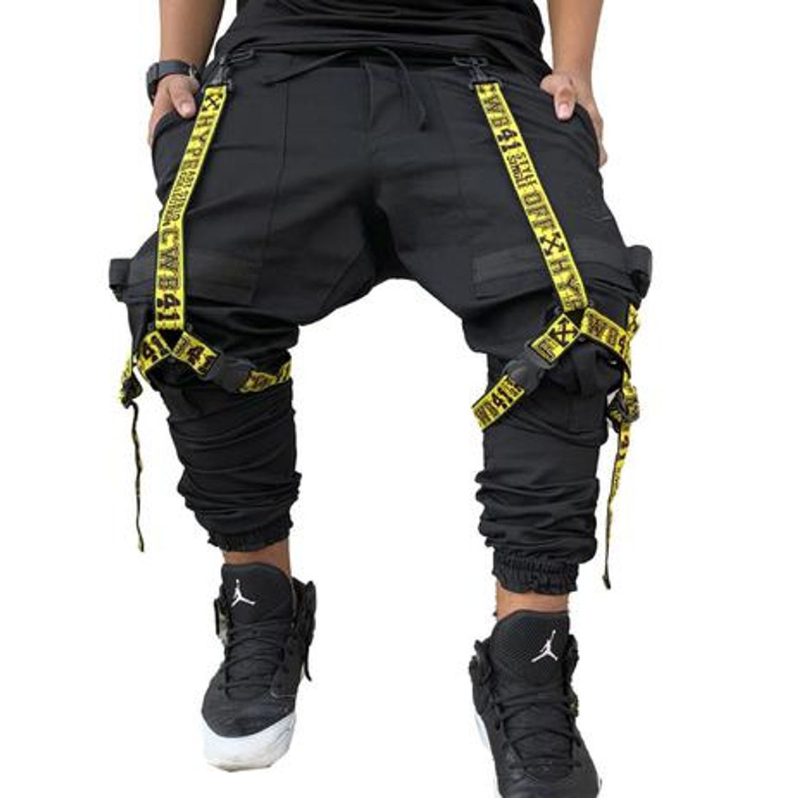 Moda Calça jogger preta masculina New combat tracks amarela 