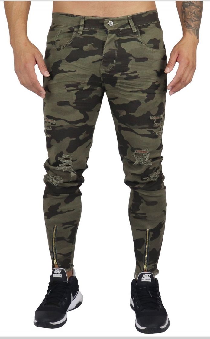 Moda Calça jeans skinny rasgada camuflada 