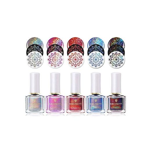 BORN PRETTY 5 Botellas Nail Art Estampado holográfico Polaco Plata Láser Holo Nail Art Plate Impresión Laca Polaca