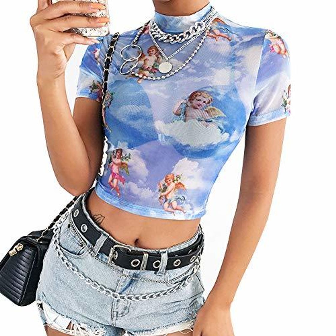 Moda Loalirando Crop-Top Transparente Mujer Sexy de Manga Larga con ángeles Impresos Top