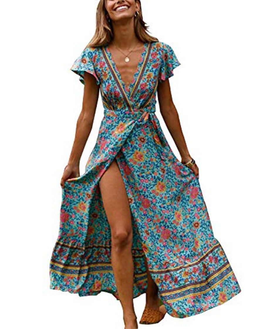 Social Naliha Vestidos De Playa para Mujeres Floral Wrap High Slit Vacaciones Cóctel Maxi Vestido Azul S