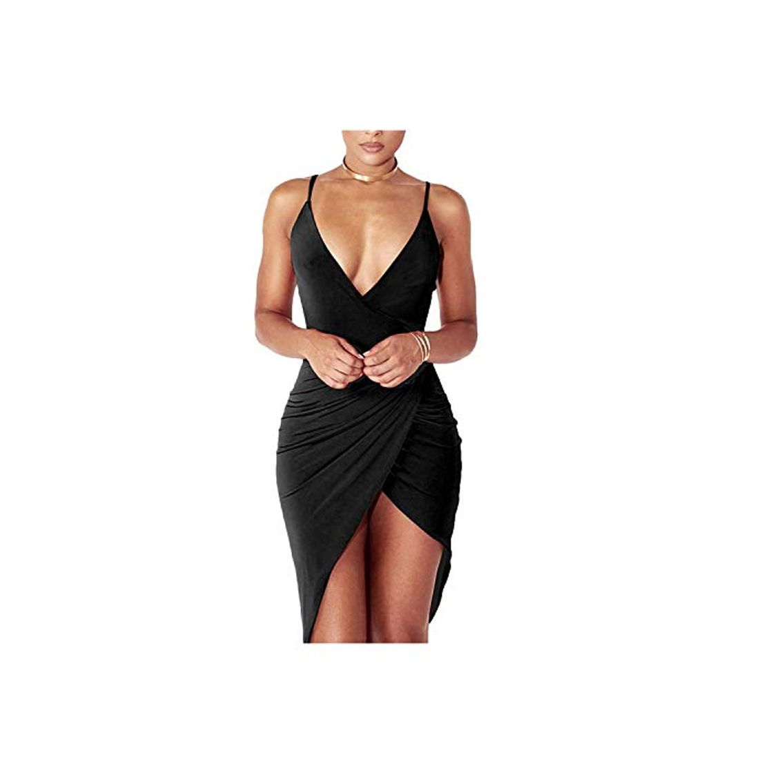 Products DRESHOW Women's Sexy Deep V Neck Sleeveless Spaghetti Strap Bodycon Wrap Dress Front Slit Bandage Midi Club Dress