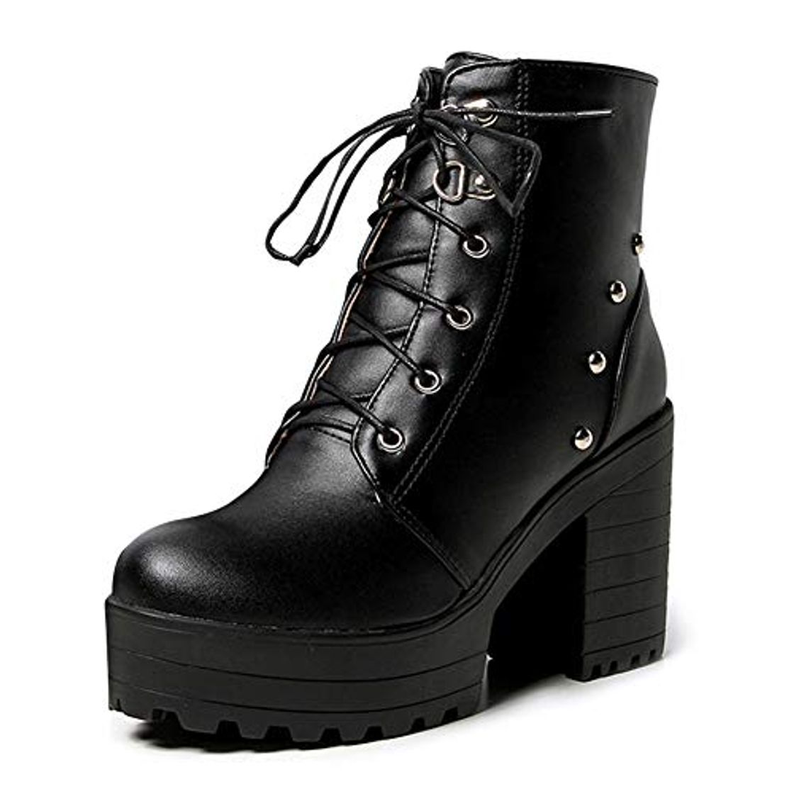 Social Kaizi Karzi Mujer Tobillo Botas Tacón Chunky Botas de Combate Punta Redonda Corto Botas Remaches Invierno Botas Plataforma Black Size 39 Asian