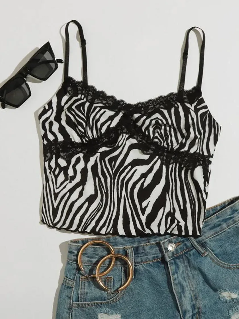 Fashion Top listrado de zebra com acabamento em renda 