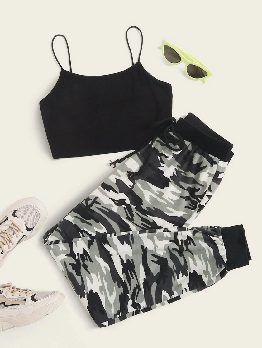 Fashion Solid cami top & camo joggers set