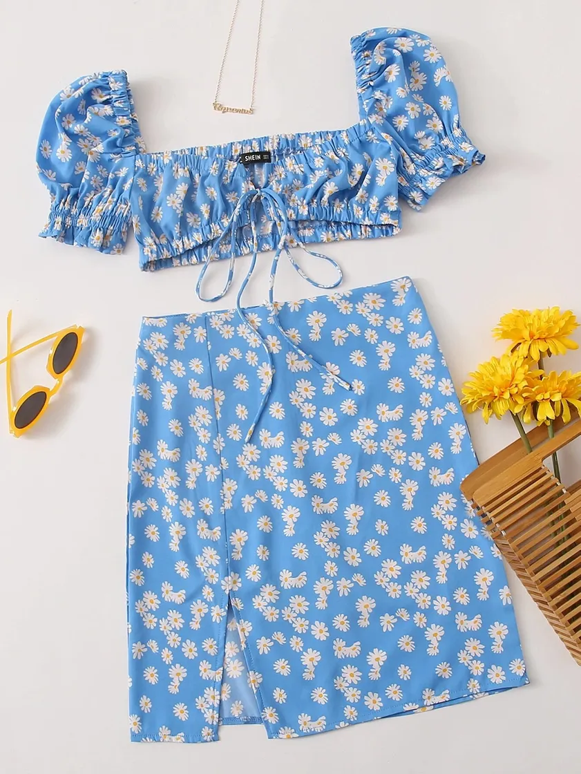 Fashion Daisy print tie front crop top & split hem skirt set