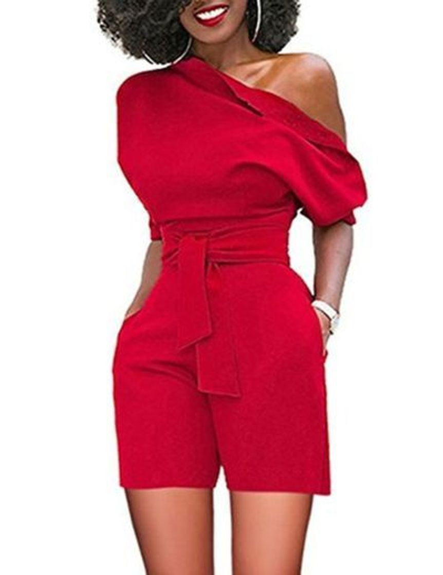 Moda FeelinGirl Mujer Ropa Vestir Enterizo con Cintura Alta Trajes Asimétrico Piernas Anchas Rojo L 40