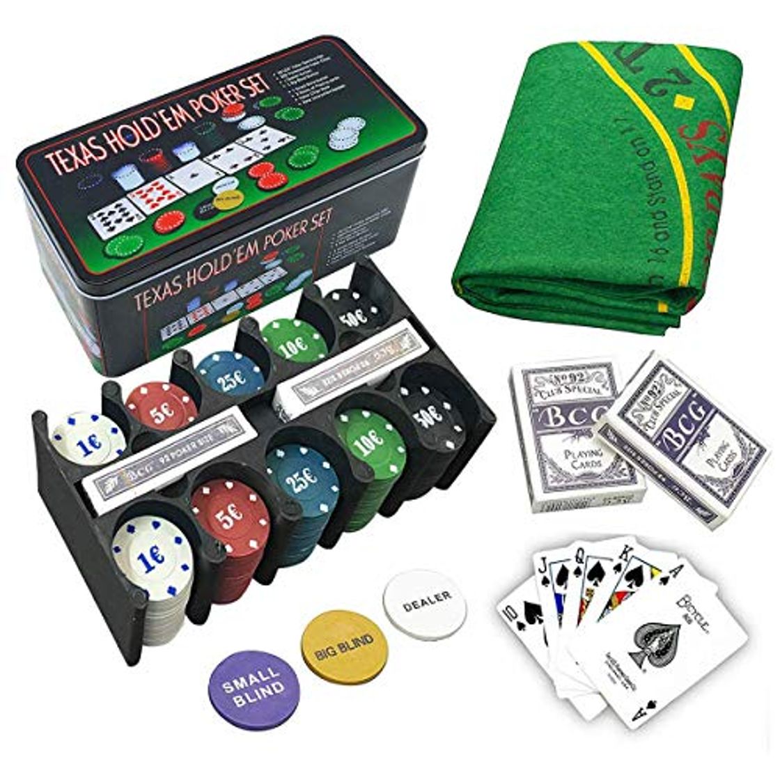 Social LEYENDAS CROWN Set de póker Caja de Metal, 200 fichas de póker,
