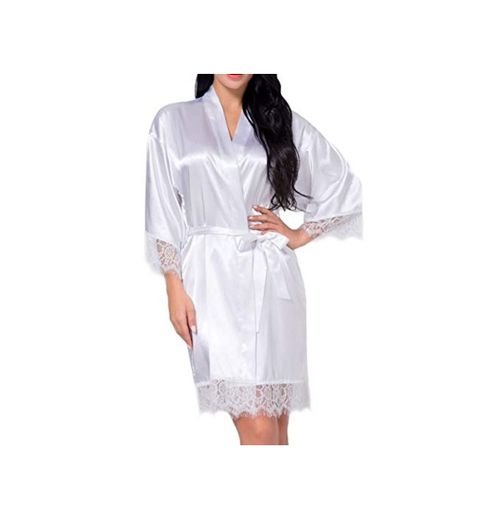 DELEY Mujeres Albornoz Kimono Satén Seda Ropa de Dormir Bata Elegantes Camisón Robe Dama de Honor Pijama Blanco Tamaño M