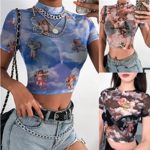 Blusa Vintage Anjos com Manga Curta