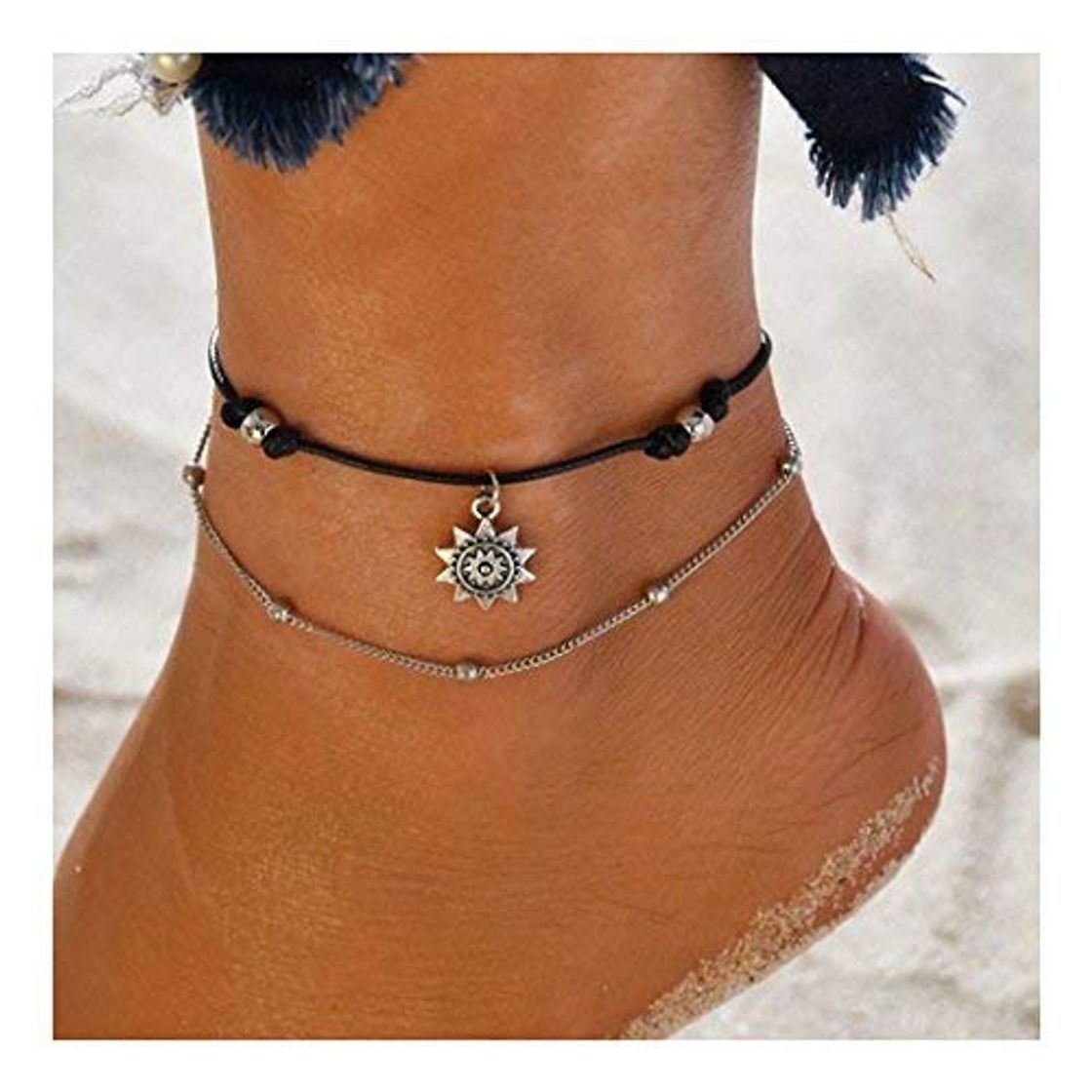 Products Simplemente tobilleras de girasol Pulseras de tobillo doble con cuentas de plata Accesorios de joyería para pies de playa ajustables para mujeres y niñas