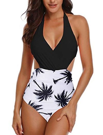 heekpek Mujeres Retro Cintura Alta Trajes de Baño Una Pieza Polka Dot Bañador Trajes de Brasileño Conjunto de Bikini Color Liso Push up Bralette