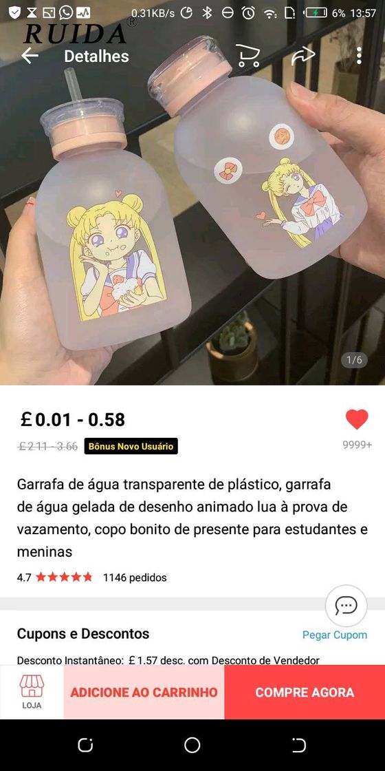 Social Garrafa de água linda Sailor Moon😍❤️✨🌕 🌕 🌕 🌕