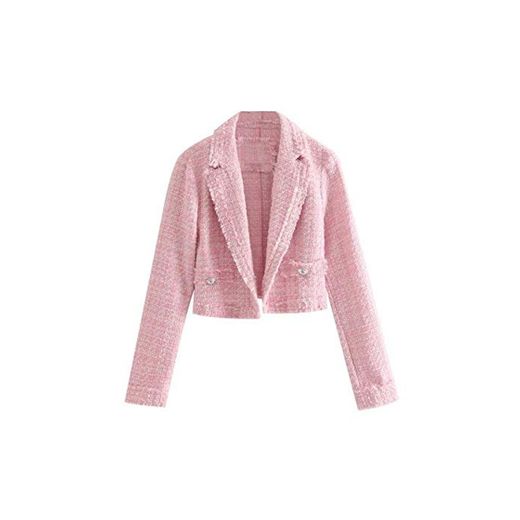 Inglaterra Estilo Vintage Rosa Tweed Blazer sólido Corto Feminino Blazer Mujer Blazer Mujer Mujer Blazers y Chaquetas