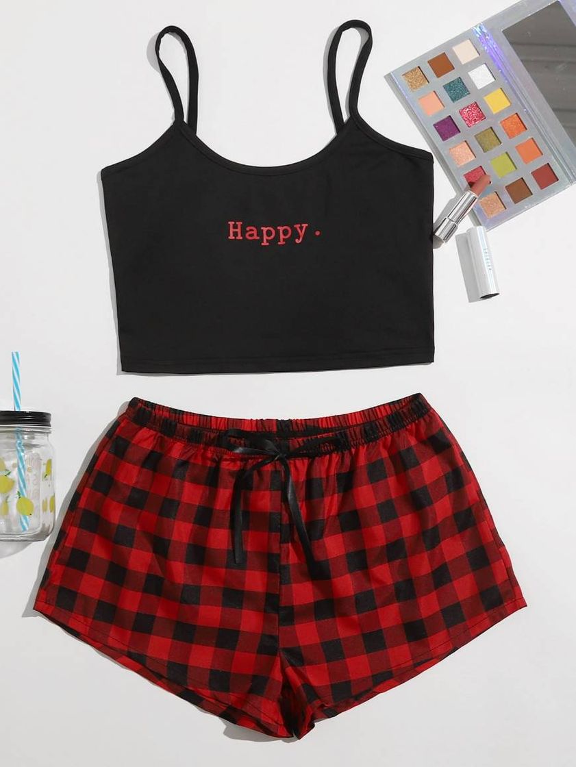 Fashion Conjunto SHEIN short quadriculado e cropped happy preto