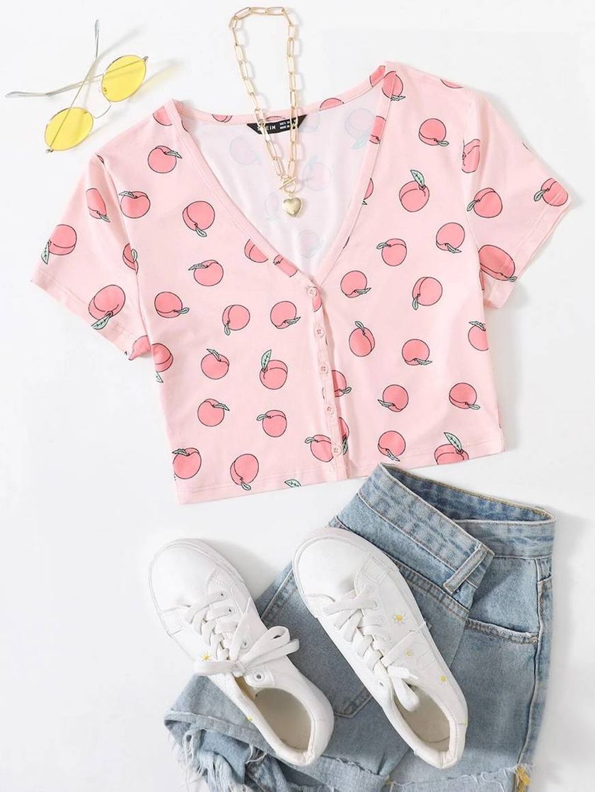 Social Blusa de Botão Frutas e Vegetais Rosa 🍑 Soft Girl — SHEIN