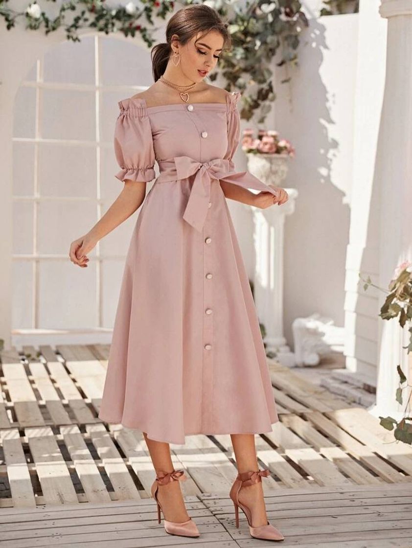 Social Off Shoulder Romantic Pink Dress with buttons — Shein