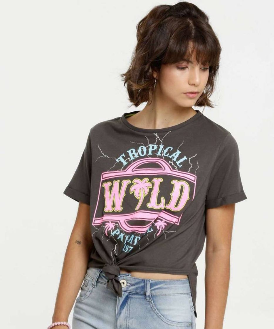 Moda Blusa "Wild" manga curta cinza com nó — Marisa loja Brasil