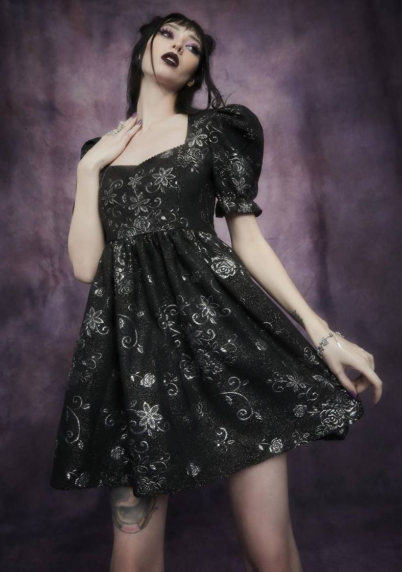 Social Widow Brocade Puff Sleeve Babydoll Dress — Dolls Kill