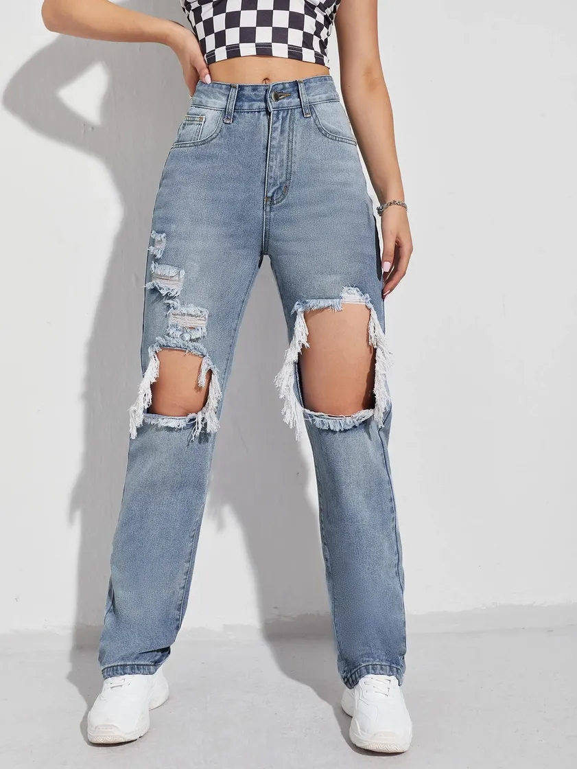 Moda SHEIN Jeans Boyfriend Light Wash Destroyed Ripped