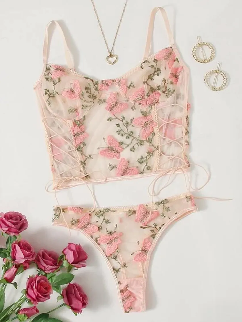 Fashion Lingerie SHEIN Bordada Floral Rosa com Borboletas