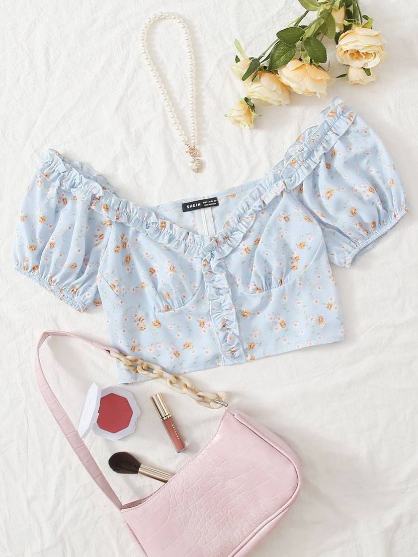 Social Blusa Cropped Floral Azul com Babados — SHEIN