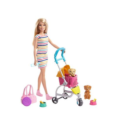 Barbie y su Carrito para Mascotas, Muñeca Rubia con accesorios y perritos
