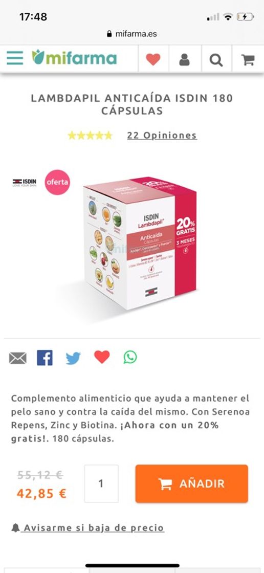 Producto LAMBDAPIL ANTICAÍDA ISDIN 180 CÁPSULAS