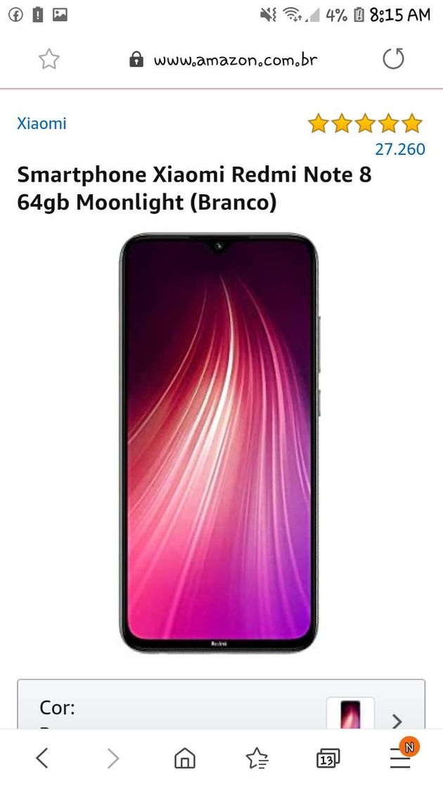 Moda Smartphone Xiaomi Redmi Note 8 64gb Moonlight (Branco)

