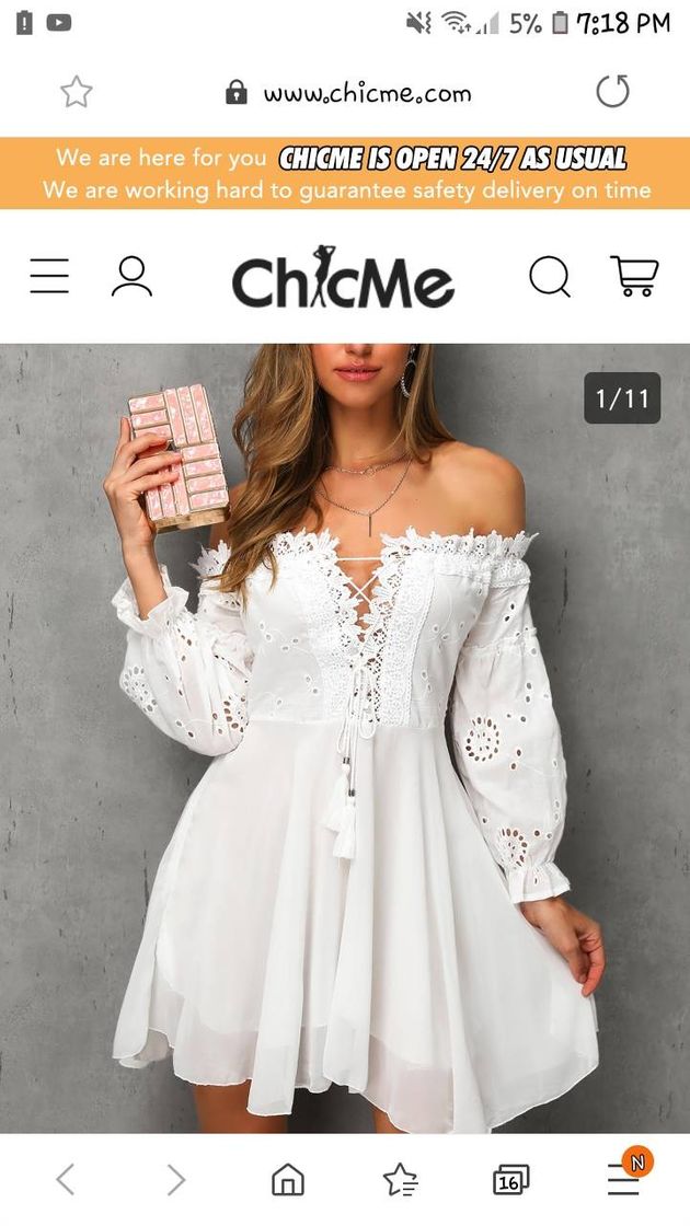 Fashion Vestido branco de renda de crochê 