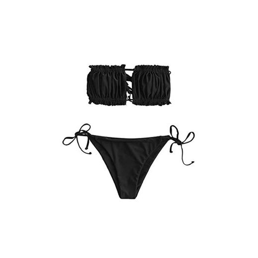 ZAFUL - Bikini para mujer sin tirantes, corte con volantes, bikini negro