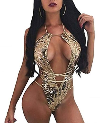EVRYLON Disfraz de Mujer Entera Escote bajo mar triángulo brasileño Paillette Color Dorado mar TG s Idea cumpleaños Hot Bikini Sexy