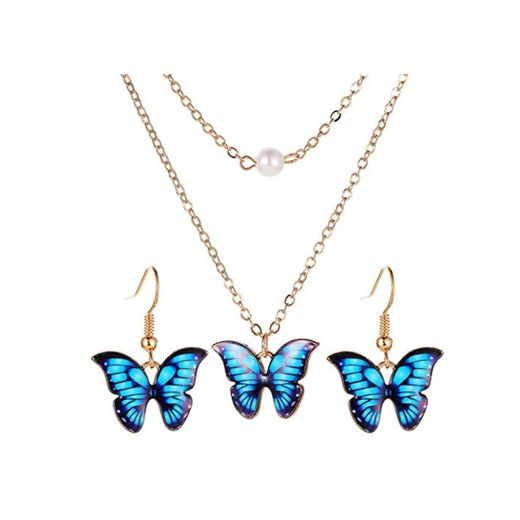 Aoewise 3pcs / Set Butterfly Pearl Necklace Colgante Pendientes Mujer