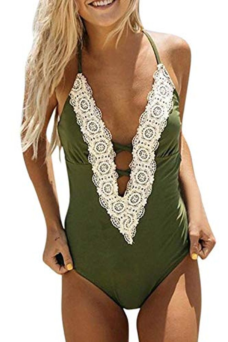 Producto heekpek Traje de Baño Una Pieza para Mujer Encaje Sexy V Cuello Bikin Conjuntos Push Up Acolchado Ropa de Playa Tanga Bikini Monokini Traje de Baño