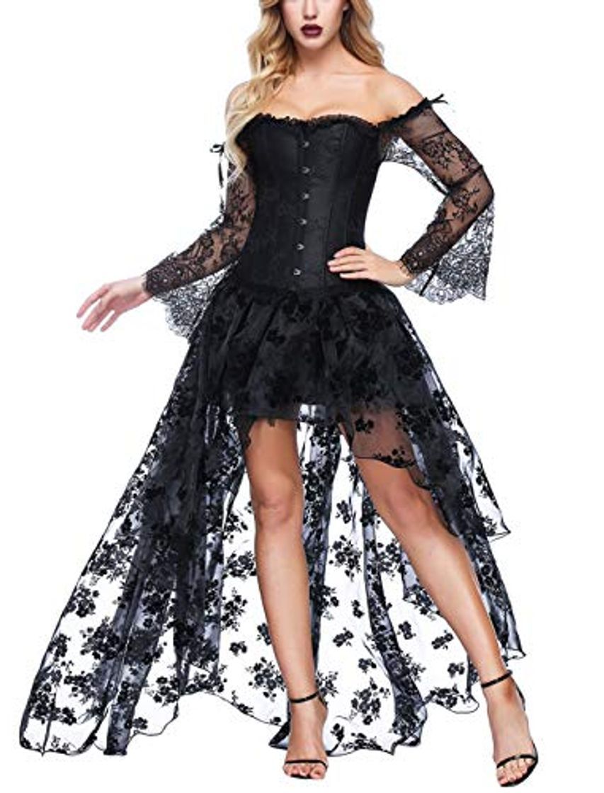 Social FeelinGirl Mujer Conjunto de Corsé Gótico Fiesta Corset Hueso Bustier con Falda