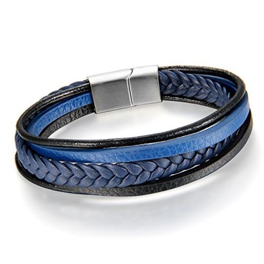 Cupimatch Pulsera Hombre Cuero Trenzada Brazalete Multicapa Azul Regalo Navidad San Valentin