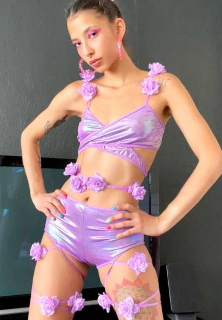 Fashion Sugar Thrillz Iridescent Floral Wrap Crop Top - Purple | Dolls Kill