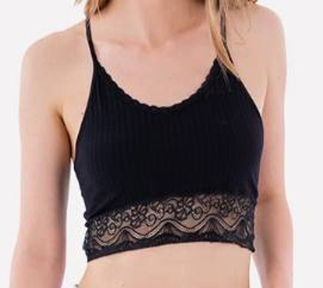 Fashion Crop Top negro con encaje 