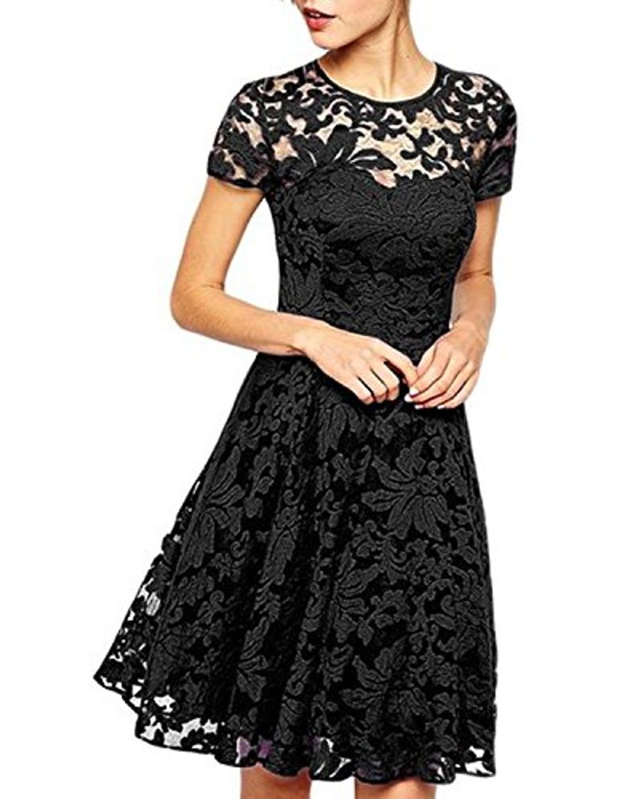 Place ZANZEA Mujer Vestido Encaje Elegante Cóctel Fiesta Manga Corta Vestido con Cuello